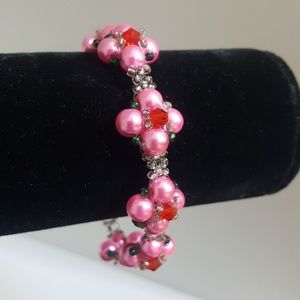Beaded Bracelet. Hand Made. Silver, Pink, Red.